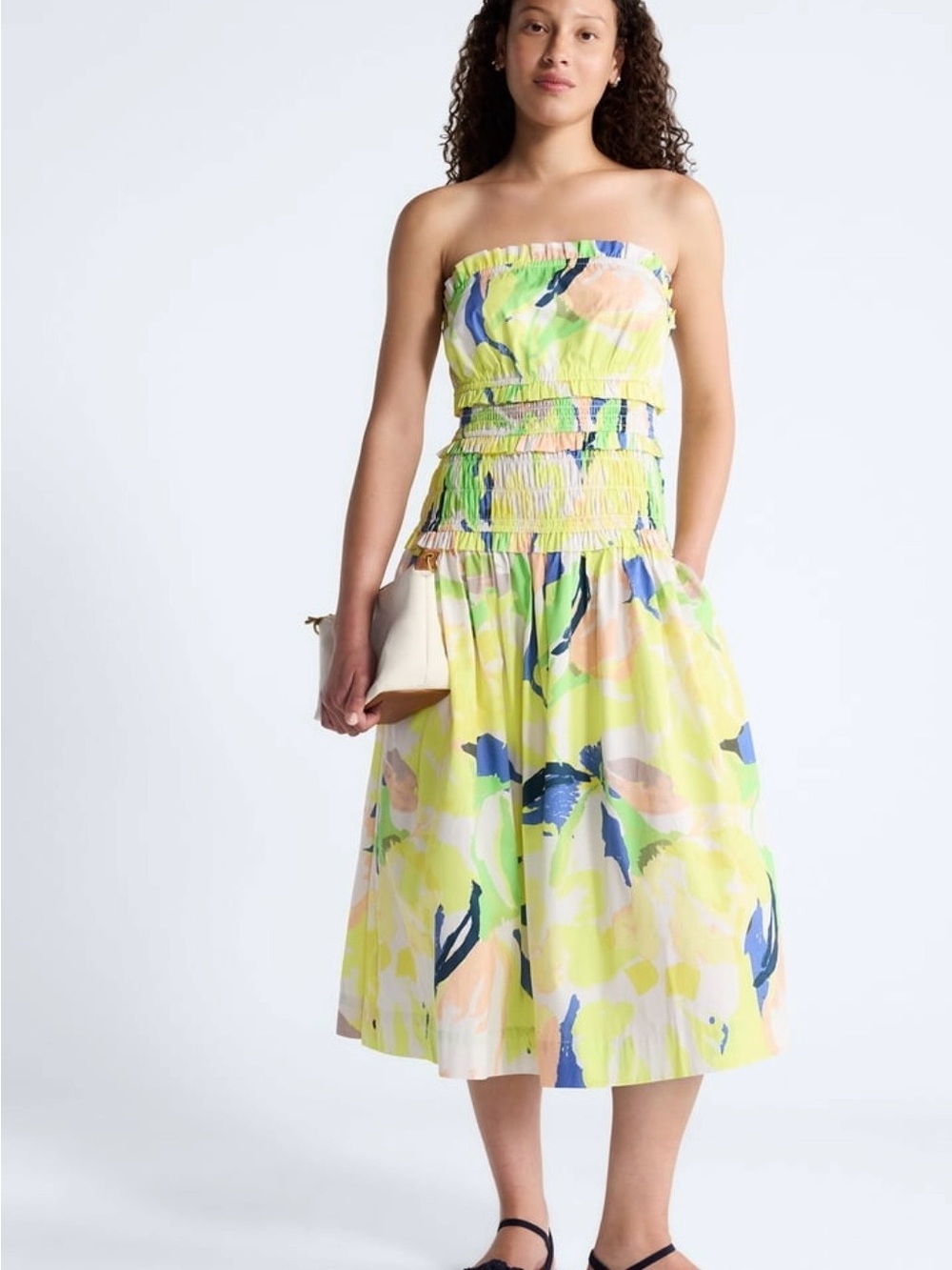 NWT Free Assembly Yellow Floral Strapless Midi Dress with Smocked Bodice